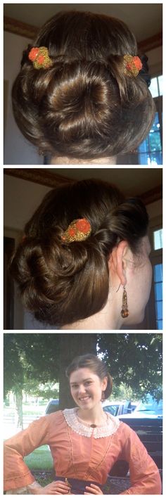 perfect hairdo for the Fezziwig Ball next week!  Sock bun- 1860's style!! Leave some hair out of the bun underneath to "swoop" up to either side of the bun... 1870s Hairstyles Women, 1860 Hairstyles Woman, 1860 Hairstyles, 1860s Hairstyles Women, Late 19th Century Hairstyles, 19th Century Hair, 1860s Hair Accessories