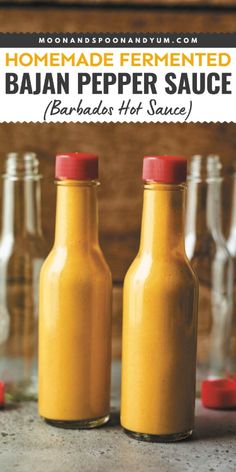 homemade fermented balan pepper sauce in glass bottles with text overlay