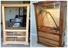 before and after pictures of an old dresser turned into a reptilet