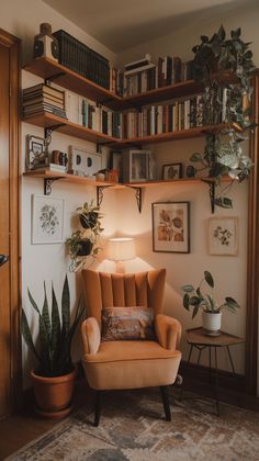 a living room filled with furniture and bookshelves next to a lamp on top of a table