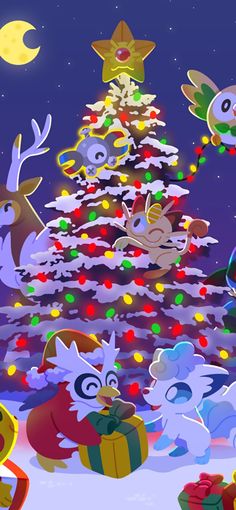 an animated christmas tree with many animals around it