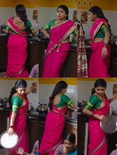 woman in pink and green sari preparing food