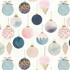 an image of christmas ornaments on a white background with blue, pink and gold colors