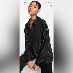 Black Sequin Top Semi Casual Outfit Women, Semi Casual Outfit, High Waisted Flare Pants, Black Sequin Top, Oversized Button Down Shirt, Black Button Down Shirt, Sequin Blouse, Blue Floral Blouse, Sequin Shirt