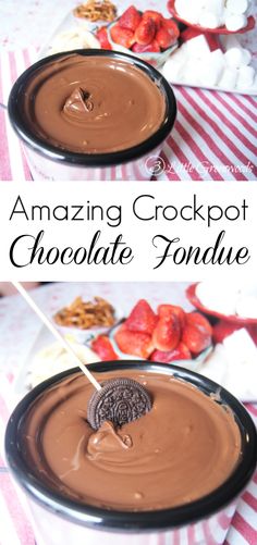 chocolate fondant with an oreo on top and the words amazing crockpot chocolate fondant