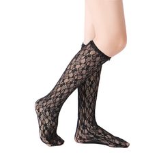 Upgrade your fashion game with the Vivienne Floral Lace Ruffle Edge Knee-High Sock in black. The delicate floral lace pattern and elastic ruffle band not only offer a feminine touch, but also ensure a secure and reliable fit. Made with a strong blend of nylon and spandex, these socks seamlessly blend style and comfort. *Due to their delicate nature, wear and handle with care to avoid rips and runs. Contents + Care Breathable Material: 70% nylon, 30% spandex Black colorway Pattern: floral Importe Lace Socks With Boots, Black Lace Fitted Hosiery, Stretch Black Stockings With Lace Trim, Fitted Black Socks With Lace Trim, Black Lace Trim Legwear For Party, Party Black Legwear With Lace Trim, Black Party Legwear With Lace Trim, Black Lace Stockings With Lace Trim, Stretch Lace Knee-high Stockings