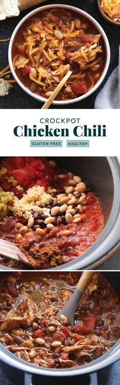 the recipe for crockpot chicken chili is shown in three different pictures, including one with