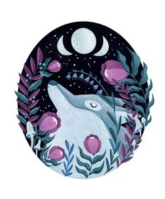 a painting of a wolf with flowers around it's neck and the moon in the background