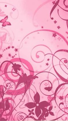 an abstract pink background with swirls and butterflies on it's side, as well as stars