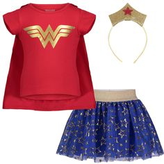 PRICES MAY VARY. Officially licensed DC Comics Warner Bros. Justice League little girls 4 piece mix n’ match costume set: short sleeve graphic tee shirt, skirt, and head band Shirt: featuring screen print of Wonder Woman logo in heavy gold glitter; Skirt: features all-over gold star design Durable and long-lasting children’s costume clothing that lets your kids be kids with fun character designs and a comfortable fit Stylish cosplay dress up outfit that your little girl can easily get dressed in Justice League Costumes, Wonder Woman Outfit, Toddler Costumes Girl, T Shirt Skirt, Justice League Wonder Woman, Super Hero Outfits, Wonder Woman Logo, Wonder Woman Costume, Dress Up Outfits