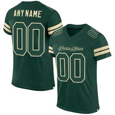 Order the jersey with special name & number you want from our shop, making a vibrant look on the field or daily life! Features: 1. Material: 100% Recycled Polyester-Body; 88% Nylon/12% Spandex-Neckline, Sides, Sleeves 2. Fit: Authentic jerseys have an athletic cut that fits snug in the chest and shoulders. 3. Stitched tackle twill name and numbers 4. Sublimated stripes on sleeves 5. Zone stretch fabric for enhanced movement; Tailored fit designed for movement 6. Moisture-wicking fabric has spong Varsity Football Season Jersey, Varsity Jersey For Football Season, Sporty College Jersey With Name Print, Collegiate Football Season Jersey, Fitted Football Season Jersey, Green Team Spirit Jersey With Letter Print, Green Jersey For Team Events And Sports Season, College Football Season Jersey With Moisture-wicking, Green Jersey For Team Events During Sports Season