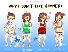 three women in swimsuits and one is wearing glasses, the other says why i don't like summer