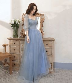 Prom Dress Cute Simple, Pale Blue Tulle Dress, Flowy Blue Dress Long, Blue Chiffon Prom Dress, Romantic Dress Blue, Half Sleeve Prom Dress, Longsleeve Fairy Dress, Light Blue Prom Dress Sleeves, Pale Blue Ball Gown