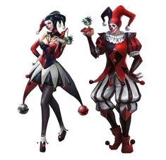 two women dressed in clown costumes, one holding an apple and the other standing next to each other