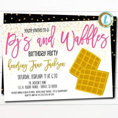 Pajamas & Waffles Party Invitation, Kid Teen Girls Sleepover Birthday Party Breakfast at Night Invite Template, DIY Self-Editing Download Birthday Party Breakfast, Party Breakfast, Sleepover Birthday Party, Waffles Breakfast, Girl Parties, Sleepover Birthday, Sleepover Birthday Parties, Girl Sleepover, Breakfast Party