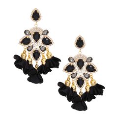 Women's Dangle Earrings Elegant Formal Gold Metal with Black Teardrop Crystals and Pave Rhinestones Drop Earrings Featuring Fabric Petal Tassel Details. Post Backing. Earrings Elegant, Earrings Women, Boutique Accessories, Up Shoes, Black Crystals, Black Is Beautiful, Tassel Earrings, Anklets, Gold Metal