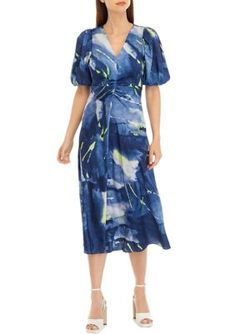 Boasting an artful print, this midi dress from DKNY is a pretty pick for any occasion. | DKNY Women's Short Sleeve Ruched Printed Midi Dress, XS Spring Knee-length Dress With Abstract Print, Spring Blue Midi Dress With Abstract Print, Spring Evening Printed Midi Dress, Casual Abstract Print Midi Dress For Spring, Casual Spring Midi Dress With Abstract Print, Elegant Abstract Print Midi Dress For Spring, Elegant Spring Midi Dress With Abstract Print, Printed Midi Dress, Dress Outfits