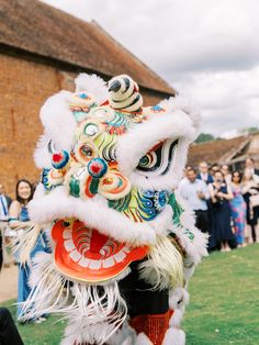 a lion dance costume is being performed in front of a group of people on the grass