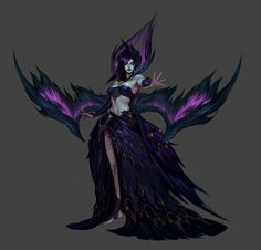 a woman dressed in black and purple with wings