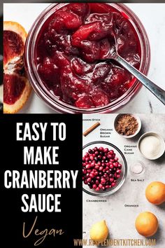 cranberry sauce in a glass bowl with oranges and other ingredients around it