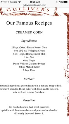 the menu for our famous creamed corn