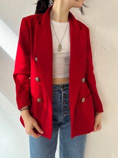 "- Vintage Stephanie Andrews red blazer jacket - 100% wool with polyester lining - Slightly padded shoulders - Tagged 4P Chest: 18.5\" Waist: 17\" Length: 26.5\" Sleeve: 21.5\"" Red Blazer Jacket, Red Blazer, Red Wool, Wool Blazer, Blazer Jacket, Jackets & Coats, Im Not Perfect, Jackets For Women, Lost