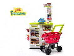 a toy shopping cart with food and drinks on the shelf in front of an advertisement for little treasures