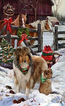 two dogs are standing in the snow next to a horse and sled with presents