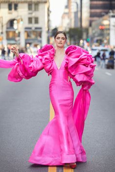 Low v neck satin mermaid gown with oversized 3d dramatic sleeves Satin Mermaid Gown, Barbie Vibes, Dramatic Sleeves, Pink Clothes, Pink Passion, Oversize Sleeves, Statement Sleeves, Column Gown, Bespoke Tailoring