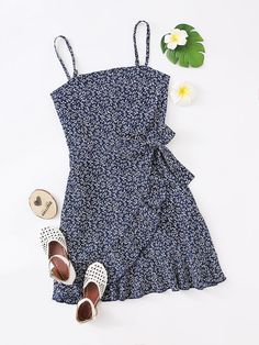 Navy Blue Boho Collar  Fabric Ditsy Floral Cami Embellished Non-Stretch Summer Tween Girls Clothing Floral Slip Dress, Belted Shirt Dress, Really Cute Outfits, Dresses For Teens, Ditsy Floral, Cami Dress, Cute Casual Outfits, Ruffle Trim, Outfits For Teens