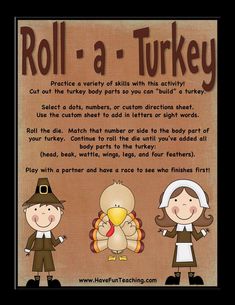 a poster with three children dressed up as pilgrims and a turkey, which reads roll - a - turkey