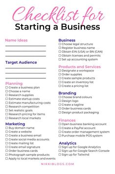 the checklist for starting a business is shown in pink and blue with text that reads,