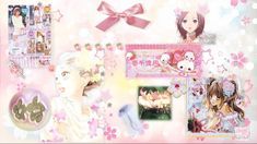 an anime wallpaper with pink and white flowers, pictures, and other things on it