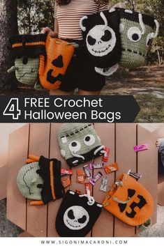 four free crochet halloween bags with pumpkins and jack - o'- lanterns