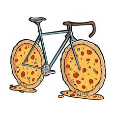 a drawing of a bicycle with pizza on it's front wheel and seatposts