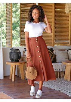 #midi skirts ideas# Button Down Skirt Outfits, Button Front Skirt Outfit, Midi Skirt Summer Outfit, Aline Skirt Outfit, Chic Feminine Style, Button Front Midi Skirt, Button Midi Skirt, Midi Skirt Outfit