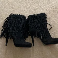 Brand New 4.5 Inch Heel .5 Platform. Fringe Suede With Side Inner Zipper Suede Boots With 4-inch Heel For Party, Suede Round Toe Party Boots, Suede Party Boots With Round Toe, Suede Round Toe Boots For Party, Suede Ankle Boot Booties For Party, Suede Ankle Booties For Party, High Ankle Suede Party Booties, Kitchen Shoot, Fringe Booties