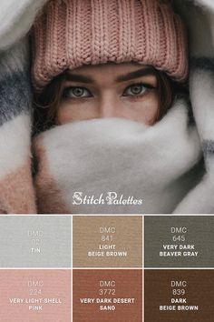 a woman with blue eyes wearing a pink hat and scarf over her head is shown in color swatches