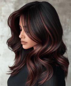 Top 51 Trending Dark Hair Colors for Brunettes This Fall Burgundy Money Piece Hair On Black Hair, Dark Brown Hair With Peekaboo Color, Highlight Colors For Dark Brown Hair, Dark Hair Auburn Highlights, Dark Brown Balayage Hair Chocolates, Autumn Undertone, Fall Hairstyles For Brunettes, Witchy Hair Color, Hair Color For Tan Skin Asian