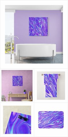 purple and blue bathroom decor with white bathtub in the center, two paintings on the wall