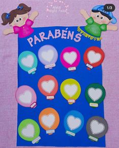 a bulletin board with two children holding balloons and the words parabens on it