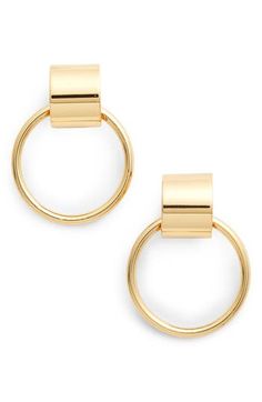 Why just reach for the brass ring when you could have a pair of 14-karat gold-plated ones instead? Or go two-tone with the silvertone option on these hoop earrings. 1 1/4" drop; 3/8" width; 1" hoop diameter 14k-gold plate or 14k-gold plate with silvertone plate Imported Modern Metal Earrings With Gold-tone Hardware, Gold-tone Brass Hoop Earrings, Formal Gold-tone Hoop Jewelry, Modern Metal Jewelry With Gold-tone Hardware, Everyday Hoop Jewelry With Gold-tone Hardware, Gold-tone Hoop Metal Jewelry, Gold-tone Round Earrings, Modern Gold-tone Hoop Earrings, Gold-tone Hoop Earrings