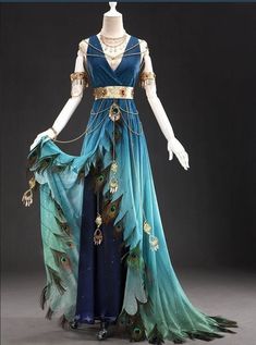 Gaun Abad Pertengahan, Peacock Dress, Fantasy Dresses, Sleeveless Dresses, Fantasy Gowns, Peacock Design, Design Dress