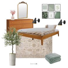 a bedroom with furniture and decor including a bed, dresser, mirror, potted plant and pictures on the wall