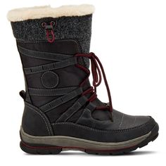 Stay warm while staying stylish in the Women's Spring Step Waterproof Water Resistant Winter Boot. Leather and nylon upper in a waterproof winter boot style with a round toe. Full length inside zipper for secure fit. Two-tone cotton elastic lacing and tonal stitching details. Sweater detailing and faux fur collar. Faux-fur lining with padded textile insole. 8 inch boot shaft height. Durable rubber outsole with flexible forefoot and 1 and 1/4 inch heel. Winter Fashion Boots, Spring Boots, Spring Step Shoes, Mid Boots, Waterproof Winter Boots, Snow Boots Women, Famous Footwear, Shoe Carnival, Winter Boots Women