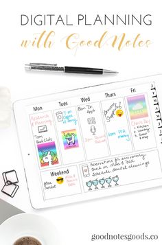 the digital planner with good notes on it next to a cup of coffee