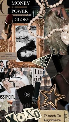 a collage with many different items including lipstick, necklaces and other things on it