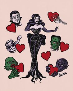 an image of a woman surrounded by hearts and monsters