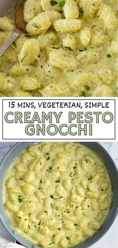 creamy pesto gnocchi in a white bowl