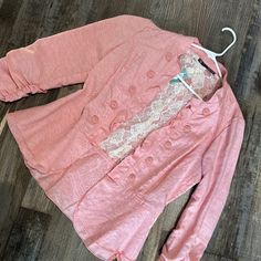 Adorable And Light Weight. Lace Inset, Ruffled Lapel And Hem, Bnwt Casual Spring Outerwear With Lace Trim, Long Sleeve Blazer With Lace Trim For Spring, Feminine Spring Blazer With Buttons, Pink Linen, Lace Inset, Linen Blazer, Colored Blazer, Blazer Suit, Light Pink